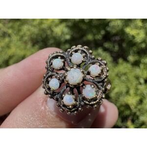 Vintage 14k Solid Yellow Gold Cluster Engraving Filigree Natural White Opal Ring
